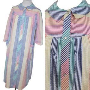 Vintage Rainbow Striped Housecoat Robe Thin Pearl Snap Long Duster Textured  S/M